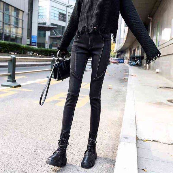 Jeans noirs Femmes Printemps et été Pantalon coréen à taille haute Slim Crayon tout-match avec petits pieds Ropa Mujer 211129