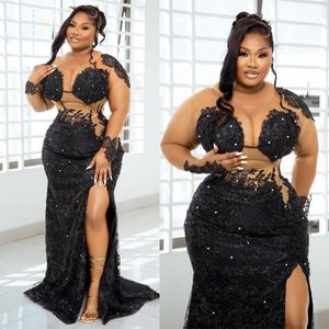 Black Jewel Side Split Sexy Tulle Prom Dress Aso Ebi See Long Sleeves Through African Women Lady Evening Gowns Formal Gown Beaded Appliqued Sequins Outfit