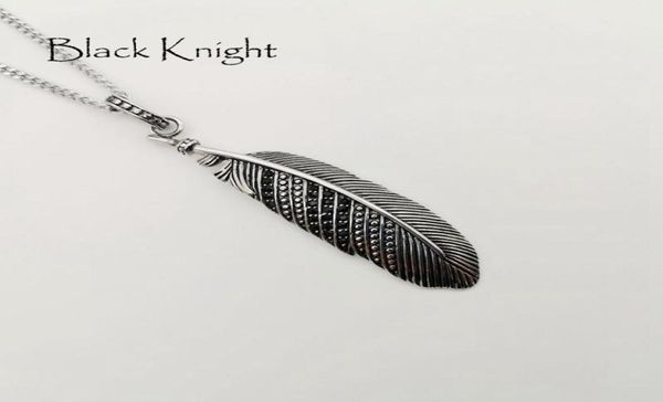Black Knight Vintage couleur argent noir CZ pierres plume pendentif collier en acier inoxydable hommes chic plume collier BLKN07791648464
