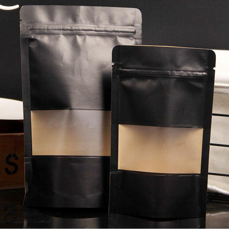 Sacchetti per imballaggio di caffè in polvere per alimenti con cerniera in carta kraft nera con finestra trasparente