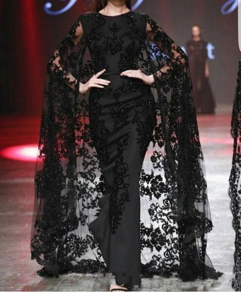 Appliques en dentelle noire robes de soirée arabes de Dubaï avec Cape Fashion Crew pleine longueur yousef aljasmi robes de bal