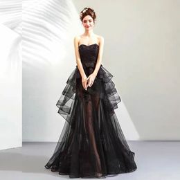 Robes de bal en dentelle noire sans bretelles A-ligne volants scintillants plissé luxe femme soirée robe de célébrité robes de soirée de rêve