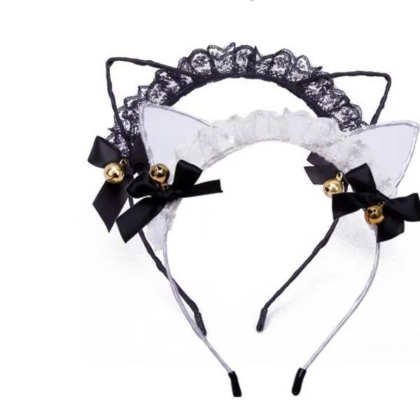 Ruban de bandeau d'oreille de chat en dentelle noire + cloches dorées Kawaii Kitty Cosplay bandeau de cheveux bâton de cheveux Halloween noël pâques couvre-chef LL