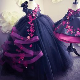 Zwarte kant kristallen bloem meisje jurken tule baljurk meisje bruiloft jurken vintage pageant jurken aangepaste grootte