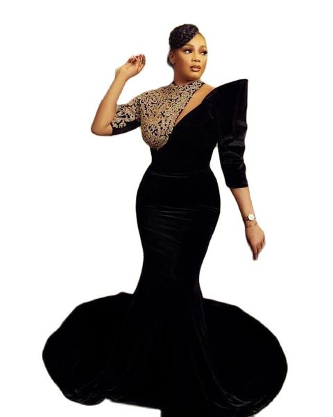 Vestidos de noche de encaje negro Aso Ebi mangas largas sirena tallas grandes vestidos de fiesta para mujer hechos a medida 192v