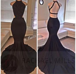 Black Lace Evening Prom Dresses High Neck Mermaid Long Party Dresses Backless Evening Gowns Custom Made