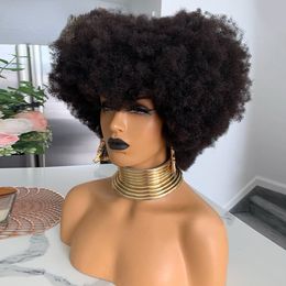 Pelucas de cabello humano con frente de encaje negro con flequillo Bob corto Peluca frontal de encaje rizado afro rizado para mujeres negras Densidad completa del 180%