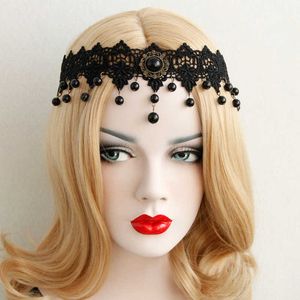 Zwarte kanten hoofdband met parels Halloween exotische stijl houtskool edelsteen voorhoofd accessoires creatief festival hoofdtooi bloembloem