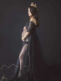 Zwarte kant moederschap jurk voor foto shoot zwangere vrouwen lange mouwen splicing coltrui fotografie jurken zwangerschap jurk Q0713