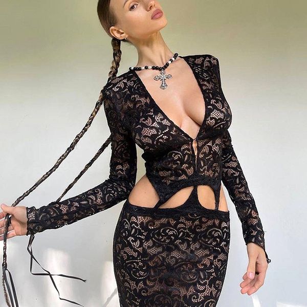 Black en dentelle Mesh Voir à travers la robe corporelle pour les femmes 2024 Automne Sexy Night Club Tenues Hollow Long Robes