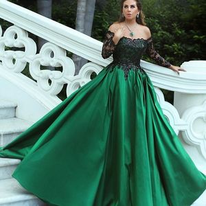 Black Lace Off The Shoulder Avondjurken Groen Satijn Een lijn Lange mouwen Prom Jurken Saoedi-Arabië Formele Feestjurk Op maat gemaakt