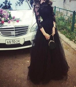 Black Lace Party Prom -jurken Appliques lange mouwen Arabische Quinceanera Pageant -jurken Avond aan kleding Tiered Tule Rok Aline BAT1961075