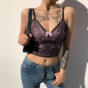 Noir Dentelle Patché Rose Y2K Cami Top Femmes D'été Esthétique Vêtements V Cou Dos Nu Partie Sexy Arc Crop Tops Streetwear 210510