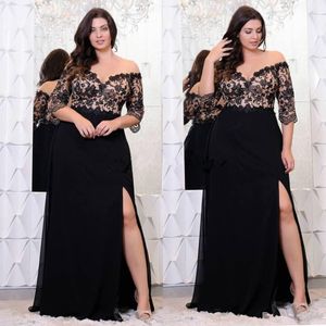 Black Lace Plus size prom-jurken met halve mouwen van de schouder V-hals splitsplit side avondjurken A-lijn chiffon formele jurk 2715