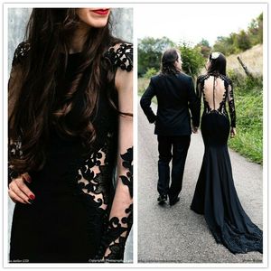 Black Lace Prom Dresses Cutaway Sides High Collor Mermaid Pageant Jurk Lange Mouwen Backless Formal Partyjurken