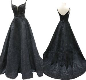 Vestidos de fiesta de encaje negro Vestidos largos con cuello en V de espagueti de cristal con cuentas Vestidos de noche Vestidos formales Vestido para ocasiones especiales Mujeres Tallas grandes