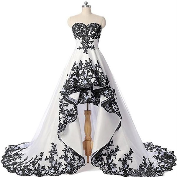 Encaje negro Sin mangas Alto Bajo Ruch Vestidos de novia personalizados Frente corto y largo trasero Vestido de novia con cordones Wed Robe De Mariee284w