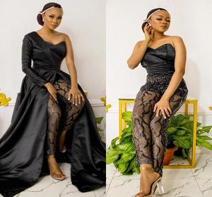 Combinaison de soirée en dentelle noire avec train à manches longues tenue lesbienne africaine Aso Ebi robe de bal pantalon costume