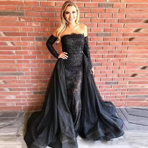 Zwart Kant Strapless Avondjurken met Overskirts 2018 Mermaid Off The Shoulder Long Sleeves Prom Dresses Sweep Train Formele Party Vetsidos