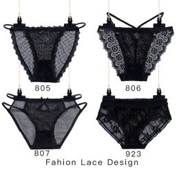 Bragas de tanga de encaje negro Calzoncillos ahuecados Bragas de bikini Ropa interior de malla para mujer Panty Moda Cómoda Lencería transparente Shortie 8 diseños