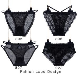 Braguitas de tanga de encaje negro Calzoncillos calados Bragas de bikini Ropa interior de malla de mujer Panty Moda Cómoda Lencería transparente de Shortie 8 diseños