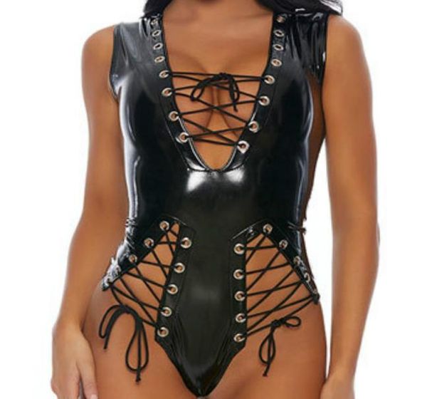 Lace negro Up Wetlook PVC Bodysuit de látex Lingerie Faux Faux Catsuit Catsuit Azuter