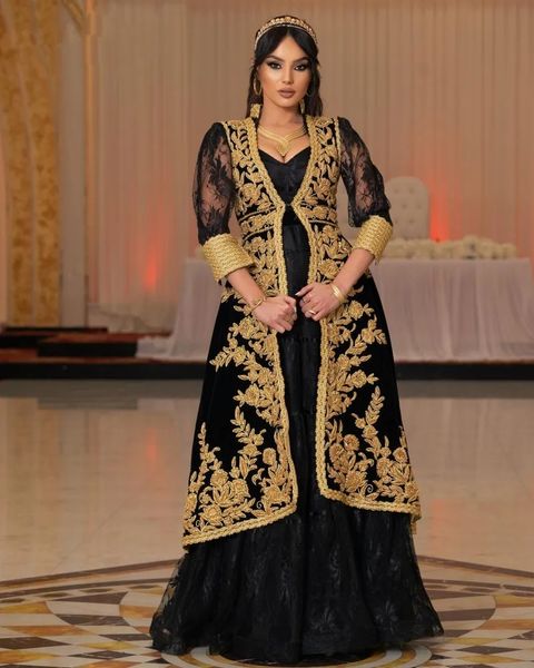 Caftan albanais en velours de dentelle noire, robes de bal avec veste, appliques en dentelle dorée, Kaftan du Kosovo, robes de soirée marocaines