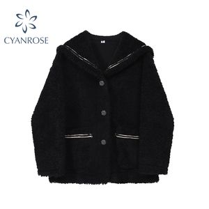 Zwarte lamswol jas vrouwen herfst winter rits casual warm harajuku schapenvacht jas vrouwelijke zeeman kraag vintage uitloper 210417