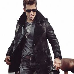 Revers noir Veste en cuir de mouton pour hommes Lg Style Manteau de fourrure pour hommes Aviati Leathercraft Parka 05kY #