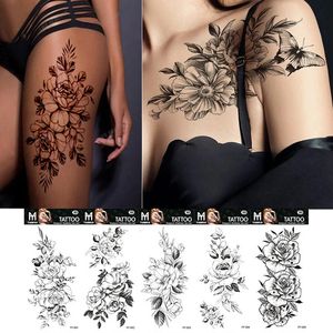 Black grande Flor de serpiente Flor Pegatina de tatuaje falso para mujeres Dot Peony Peony Tattoos temporal Diy Transferencia de agua Tatoos Girls 240418