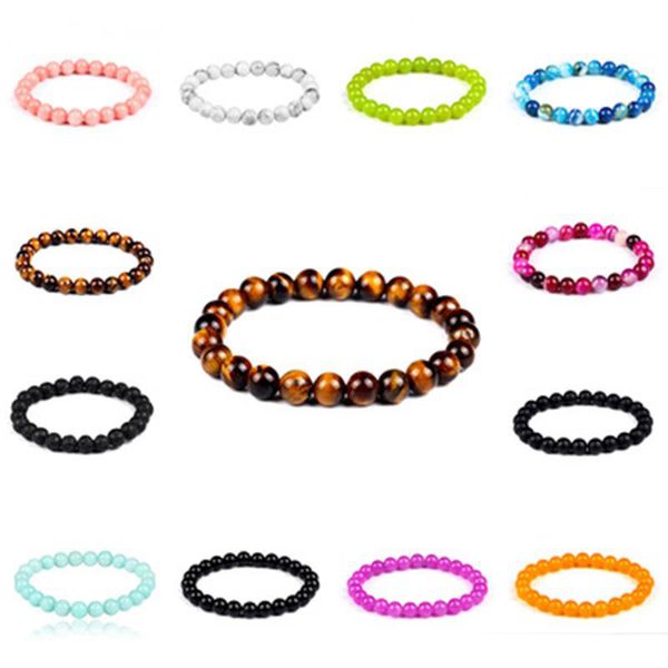 Bracelets de perles de pierre de lave noire Bracelet de perles rondes en pierre naturelle pour femme Bracelet homme extensible avec strass couronne de crâne