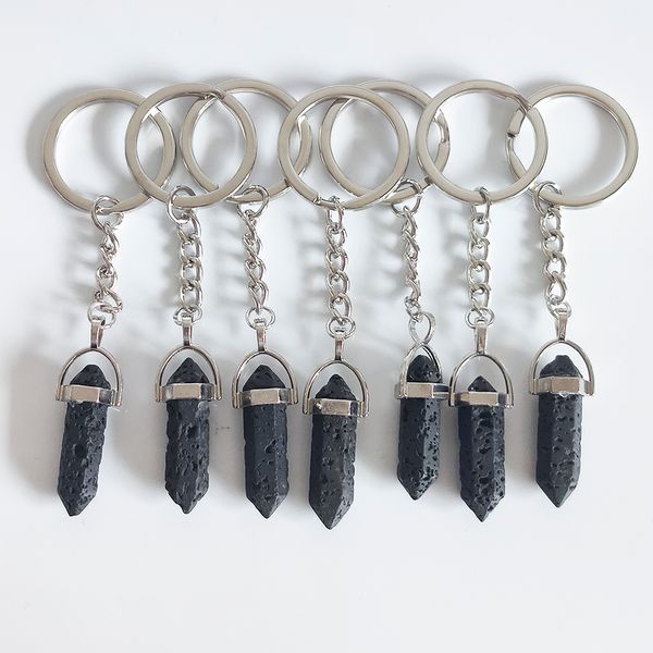 Pierre de lave noire prisme hexagonal porte-clés porte-clés décor de voiture porte-clés porte-clés pour femmes hommes