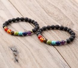 Bracelet en pierre volcanique de lave noire 7 Chakra Chakra Naturel Stone Yoga Breen Healing Reiki Prayer Balance Beads Bracelet LJJTA12553584955