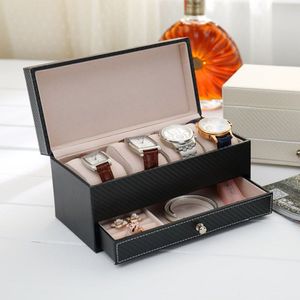 Organisateur d'affichage de montre à bijoux en cuir noir à 4 grilles, coutures contrastées, serrure sécurisée robuste pour hommes et femmes, porte-bijoux Box185j
