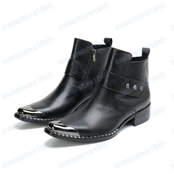 Bottines en cuir noir Bottes courtes Chaussures habillées Bout en métal Fête Zipper Business Hommes italiens