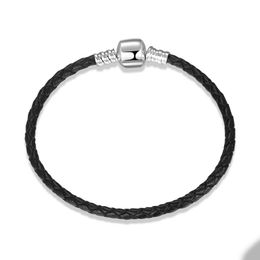 Pulsera con dijes de cuero negro para Pandora 925 Broche de plata esterlina Cadena de mano Para mujeres Hombres Novia Regalo Pulseras de diseñador con caja original Conjunto Joyería de pareja