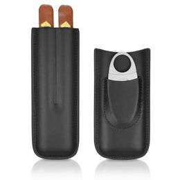Porta umidificatore per sigari in pelle nera Custodia portatile TwoTube Accessori per fumatori con taglierina in argento regalo da uomo