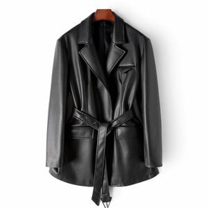 Veste en cuir noir pour femmes, Trench-Coat avec ceinture, hauts décontractés, vêtements d'extérieur L XL XXL, vêtements féminins