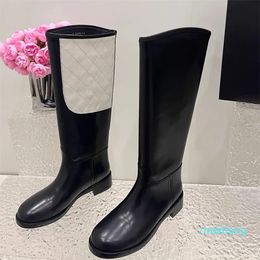 Botas de couro preto meados de bezerro dedo do pé redondo deslizamento em saltos planos botas femininas luxo casual moda sapatos de festa