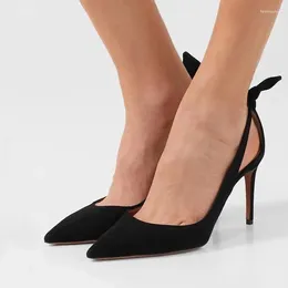Sandales en cuir noir en daim haut talons pointus côté côté creux du design à bowknot marque fée fée élégante stiletto fête des pompes 8463