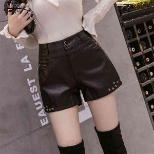 Zwart Lederen Shorts Dames Herfst en Winter Hoge Taille A-Lijn Elegante PU Slanke Laarzen 12663 210521