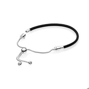 Bracelet coulissant en cuir noir pour Pandora 925 chaîne de main en argent sterling bijoux de mariage pour femmes cadeau de petite amie bracelets de charme avec boîte d'origine