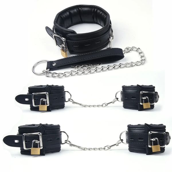 Menottes en éponge de cuir noir pour poignets de cheville de sexe bondage avec restrictions de verrouillage de chaîne jouets sexuels pour jeux pour adultes ensemble de bondage bdsm 240117