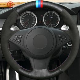 Capa de volante de carro de camurça preta DIY para BMW E60 E61 Touring 530d 545i 550i E63 Coupe E64 630i 645Ci 650i2599