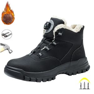 Cuir noir hiver mode boutons rotatifs chaussures de sécurité hommes bottes de travail imperméables hommes chaussures de protection Anti-crevaison 240130