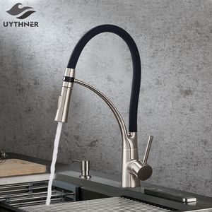 Black LED Kitchen Sink Faucet Swivel Pull Down Tap Mounted Deck Bathroom and Cold Water Mixer 220713