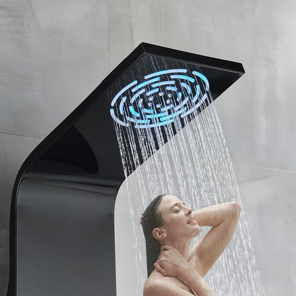 Black LED Light Bathroom Down Faucet Spa Massage Jet Colonne Système Panneau de douche de pluie cascade avec affichage de température