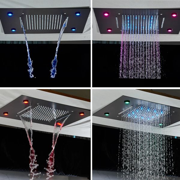 Robinet de douche de salle de bain thermostatique à LED noir ensemble Pluie Baigne de baignoire cascade