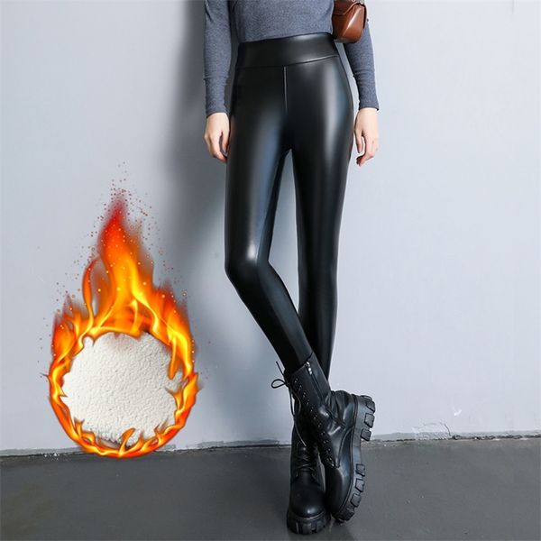 Leggings noirs avec cuir Pu femmes collants chauds pantalon élastique taille haute hiver mince velours maigre polaire pantalon 211204