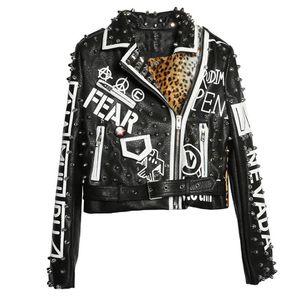 Veste en cuir léopard noir femmes 2018 automne hiver mode col rabattu Punk Rock vestes cloutées dames manteaux